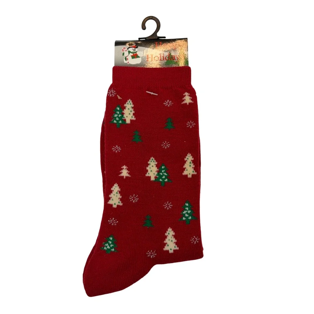Happy Holiday Socks Red Christmas Tree Snowflake Festive Knit Crew Women OS 4-10